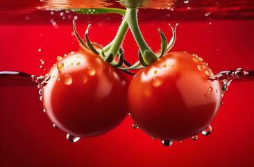 Red ripe tomato with drops of water, the tomato drops water splashes in different directions.