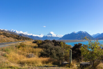 Snow capped mountains and lake Pukaki in Mt Cook National Park, South Island, New Zealand