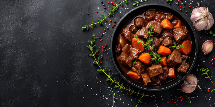 Beef Bourguignon in Cast Iron Pot. Rich beef bourguignon with carrots and rosemary in a cast iron pot, accompanied by crusty bread, ideal for cozy dinners, copy space, top view.