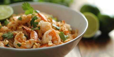 Fototapeta na wymiar Classic Pad Thai with Succulent Shrimp. Traditional Pad Thai noodles with shrimps, garnished with fresh herbs and spices, served in a bowl.