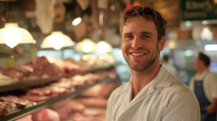 Fotobehang Portrait d'un jeune boucher charcutier dans une boucherie © Yann