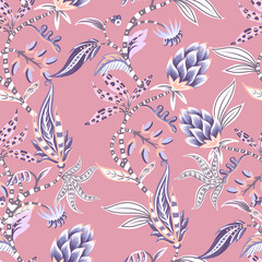 Fototapeta na wymiar Chintz seamless pattern with flowers and leaves. Vector.