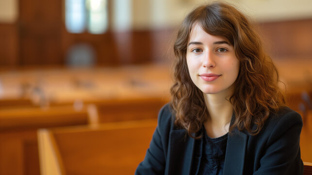 Portrait d'une jeune avocate dans un tribunal dans le cadre d'une formation en droit