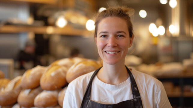 Portrait d'une jeune boulangère dans une boulangerie