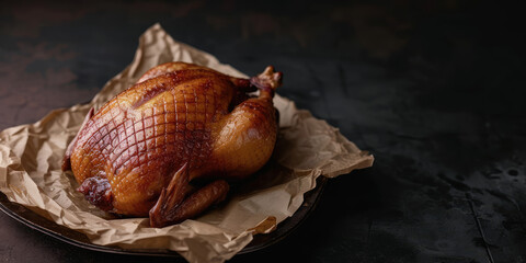 Roasted Whole Peking Duck. Perfectly roasted Peking duck garnished with fresh parsley, presented on a plate, copy space.