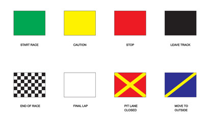 Set of different race flags signs. Start, finish, caution, stop, leave track, pit lane closed, final lap banners. Rally competition symbols isolated on white background - obrazy, fototapety, plakaty