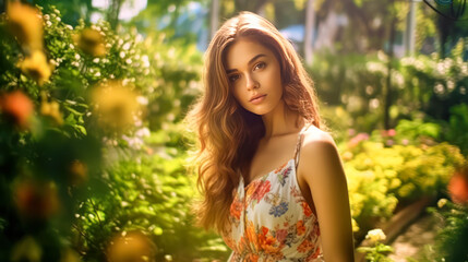 Fototapeta premium Capture the radiant beauty of a girl near a flower garden in this enchanting portrait. A vibrant and natural image perfect for various creative projects.