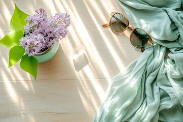 Spring Refresh: Lilac, Linen, and Light on Wooden Table

