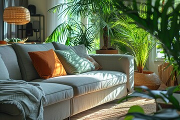 Simple Modern Interior of living room with green house plants and sofas.