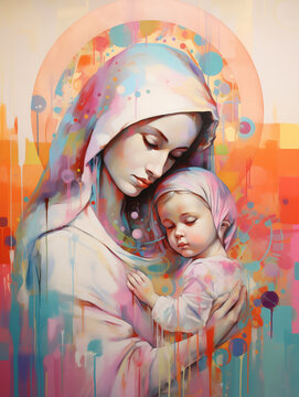 Madonna and Child on pastel background, copy space for text. Virgin Mary and Baby Jesus Modern abstract cartoon pop art style wallpaper, xmas greeting card design, painting