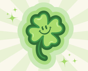 Vector four leaf lucky clover for st. Patrick's day in groovy style. Retro cartoon of lucky clover for Patricks day.