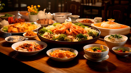Set of Chinese food on wooden dining table in a restaurant, various snacks, pastries