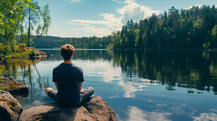 Relaxed young man or boy sitting by a tranquil lake, unplugged from technology, embracing the peacefulness of nature and self-reflection