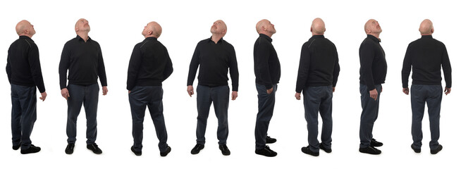 large group of various poses of same man looking up on white background