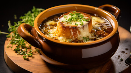 Illustration of high-end French onion soup, sweet and colorful, on a wooden table, good refreshment with rustic style. Restaurant menu, homemade food, French cuisine. Culinary art.