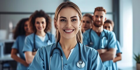 Confident Female Doctor or Nurse with Colleagues in Modern Hospital Setting