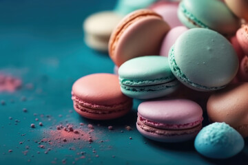 Obraz na płótnie Canvas Colorful macaroons on blue background, close up view. Colored French macarons