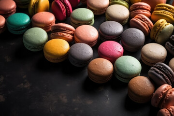 Fototapeta na wymiar Colorful macarons on a black background, copy space. Colored French macaroons