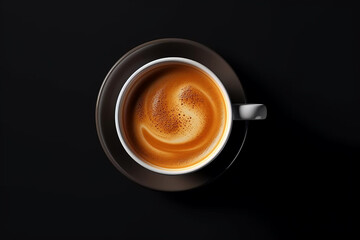 upper view of a full cup of coffee or espresso for breakfast on a dark background.