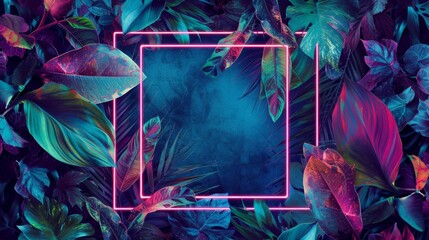 Surreal background of tropical leaves with a fluorescent geometric shape in the center