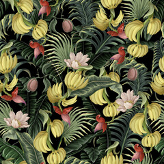 Seamless pattern with banana fruits and leaves. Vector.