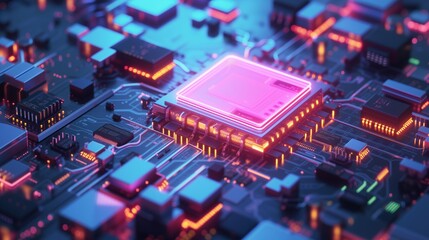glowing neon chipsets in the heart of computer processing unit