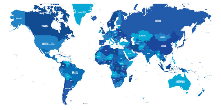 Map of World. Mercator projection. High detailed political map of countries and dependent territories. Simple flat vector illustration