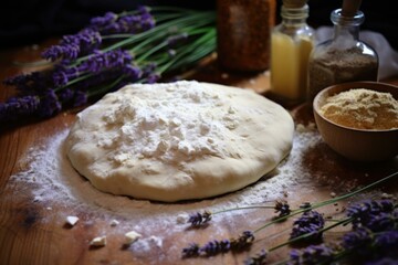 A dough is sitting on a wooden table with lavender flowers. Generative AI.