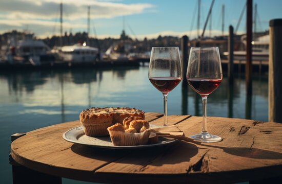 Wine and food on the table in front of the marina. Generative AI.