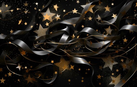 Black and gold stars on a black background. Generative AI.