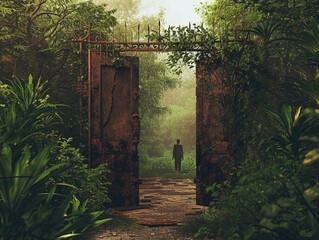 person opening a rustic, creaky gate leading to a wild, overgrown garden, photorealistic, symbolizing stepping out of comfort zone, with focus on texture contrasts between the rusty gate and lush gree