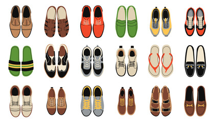 Male shoes top view. Fashionable footwear of different types for men. Sneakers, slippers, boots and flip flops. Stylish accessories above. Cartoon flat isolated illustration, tidy vector set