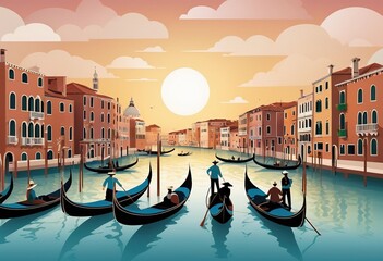 Venice city colorful 3d graphic style, Great canal sun set, vector illustration, gondolas and tourists. Good for postcards, about travel poster and canvas. Generative AI - obrazy, fototapety, plakaty