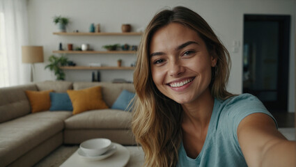Selfie picture of a happy young pretty millennial woman smiling at the camera in the living room in a modern home
 - obrazy, fototapety, plakaty