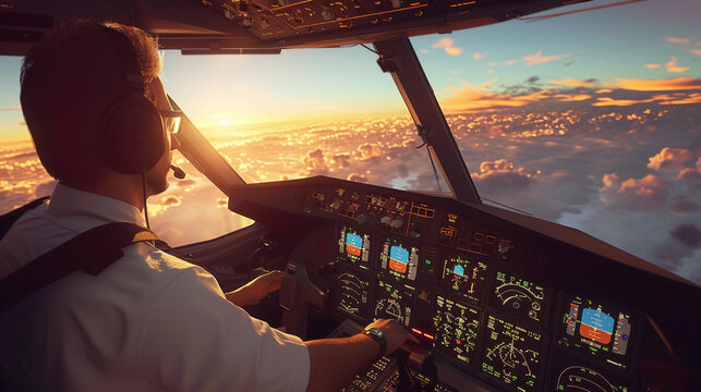 pilot in a cockpit during a sunset flight, detailed instrumentation panels, warm hues of the setting sun flooding the cabin, focus on the pilot's confident expression and skilled hands on the controls
