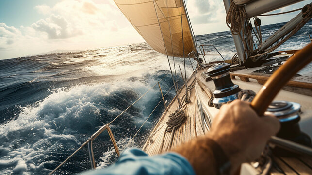 sailor navigating a yacht at sea, detailed rigging and sails, ocean spray and waves, focus on the sailor's skilled hands on the wheel and determined look, vast ocean and sky in the background, sense o