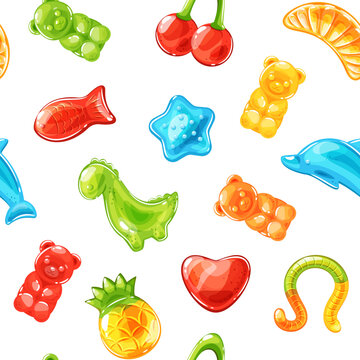 Gummy kids vitamins seamless pattern. Colorful repeated jelly candies, animals and fruit shapes, marmalade sugar sweets, packaging decor, wrapping paper for candies vector isolated background