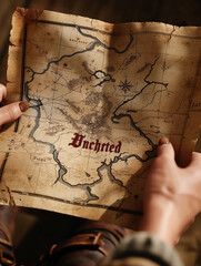 hands hesitantly opening a map with unknown territories marked "Uncharted", embodying the concept of leaving comfort zone, ultra-realistic textures and lighting, high detail on the map and hands