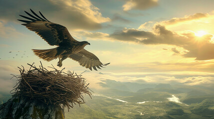 bird leaving its nest for the first time, mid-flight with a detailed backdrop of a vast sky and distant lands, highlighting the theme of venturing into the unknown