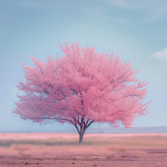 Serene Cherry Blossom Tree in Pastel Landscape