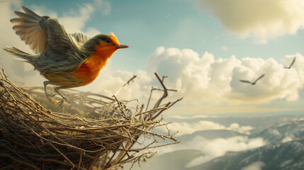 bird leaving its nest for the first time, mid-flight with a detailed backdrop of a vast sky and distant lands, highlighting the theme of venturing into the unknown
