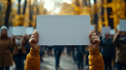 A group of people holding up blank and white signs posters in a park