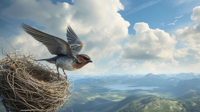 bird leaving its nest for the first time, mid-flight with a detailed backdrop of a vast sky and distant lands, highlighting the theme of venturing into the unknown