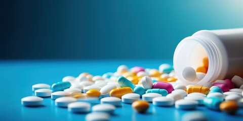 Colorful Pills Spilled from Bottle on Blue Table. Pharmaceutical and Medicine Concept.
