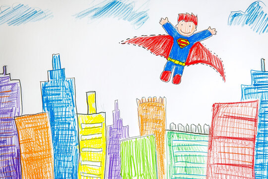 Superhero soaring through the city skyline 4 year old's simple scribble colorful juvenile crayon outline drawing