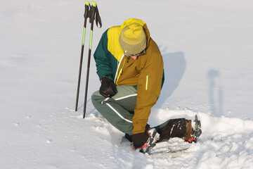 Man is kneeling and putting on his snowshoes on meadow in winter , sunny morning after snow falling.