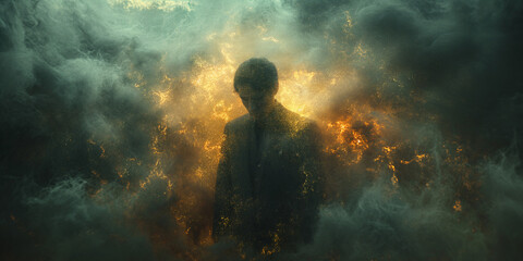 Mann im Tunnel mit Gewitterwolken düster mit Nebel, ai generativ - obrazy, fototapety, plakaty