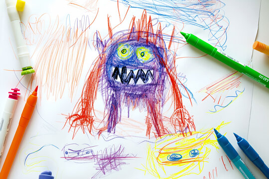 Friendly monster under a child's bed 4 year old's simple scribble colorful juvenile crayon outline drawing