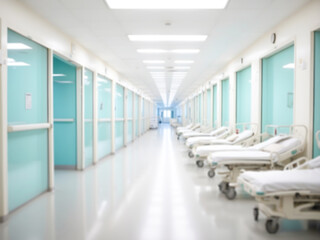 Obraz premium Blurred background of hospital corridor with white medical beds. Bright lights and blue rooms, Blurred image hospital interior.
