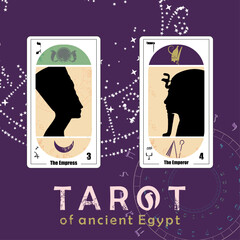 Tarot of ancient Egypt. T-shirt design of the cards called The Empress and The Emperor.
